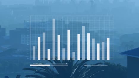 Animation-of-bar-graphs-moving-over-palm-trees-and-modern-skyscrapers-in-city