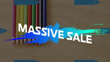 Animation-of-massive-sale-text-over-splash-and-colourful-pencils