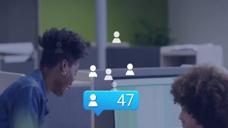 Animation-of-social-media-icons-and-numbers-over-african-american-business-people-in-office