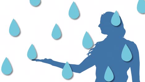 Animation-of-rain-drops-falling-over-blue-woman's-silhouette