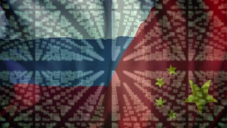 Animation-of-folders-and-data-processing-over-flag-of-russia-and-china