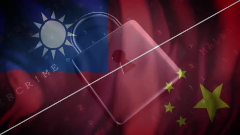 Animation-Von-Vorhängeschloss-Und-Datenverarbeitung-über-Der-Flagge-Taiwans-Und-Chinas