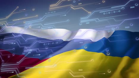 Animation-of-circuit-board-and-data-processing-over-flag-of-russia-and-ukraine