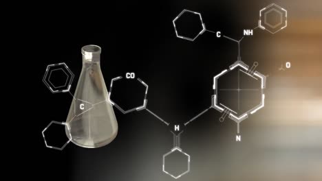 Animation-of-laboratory-glass-bottle-over-chemical-structures-on-black-background