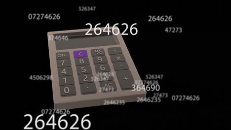 Animation-Eines-Taschenrechners,-Der-Sich-über-Zahlen-Auf-Schwarzem-Hintergrund-Dreht