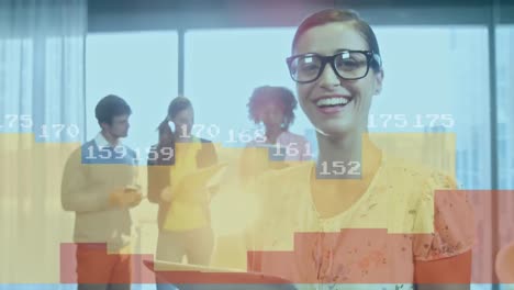 Animation-of-statistical-data-processing-over-caucasian-woman-using-tablet-and-smiling-at-office