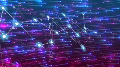 Animation-of-glowing-white-network-of-connections-over-blue-and-purple-lights-on-dark-background