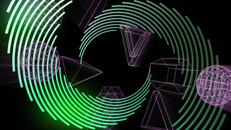 Animation-of-multiple-illuminated-geometric-shapes-and-striped-pattern-spinning-on-black-background