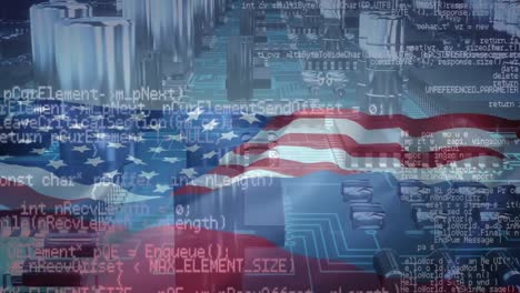 Animation-of-data-processing-over-flag-of-russia-and-united-states-of-america