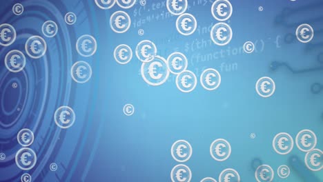 Animation-of-euro-currency-signs-in-circles-and-computer-language-on-blue-background