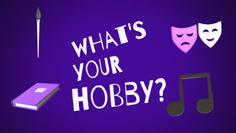 Animation-of-education-icons-with-what's-your-hobby-text-over-purple-background