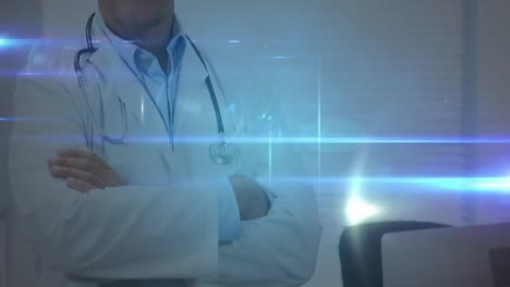 Animation-of-connected-profile-icons-and-lens-flare-over-male-caucasian-doctor-with-arms-crossed