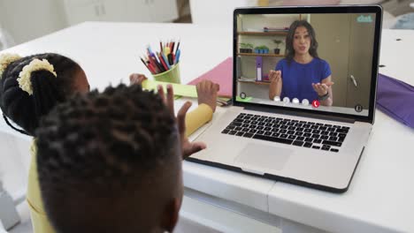 Composition-of-african-american-boy-and-girl-on-laptop-online-learning-with-biracial-female-teacher