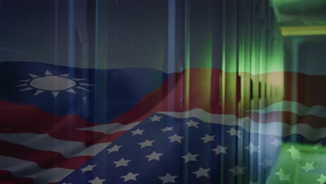 Animation-Von-Computerservern-über-Der-Flagge-Taiwans-Und-Der-Vereinigten-Staaten-Von-Amerika