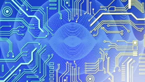 Animation-of-electronic-circuit-board-patterns-and-abstract-patterns-on-blue-background