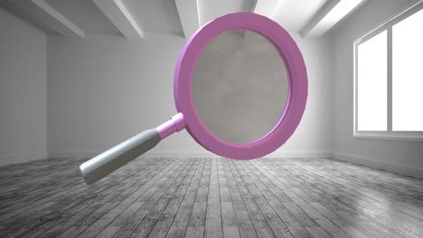 Animation-of-magnifying-glass-spinning-over-empty-room-background