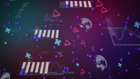 Animation-Von-Roten-Dreiecken-Und-Violetten-Kugeln-über-Globen-Und-Verarbeitung-Von-Daten-Auf-Dunklem-Hintergrund