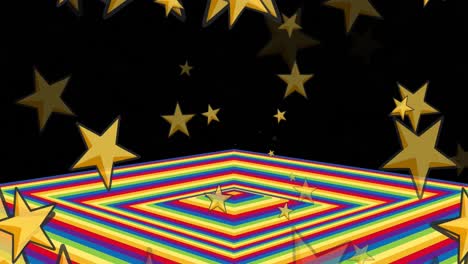 Animation-of-gold-stars-falling-and-moving-rainbow-podium-on-black-background
