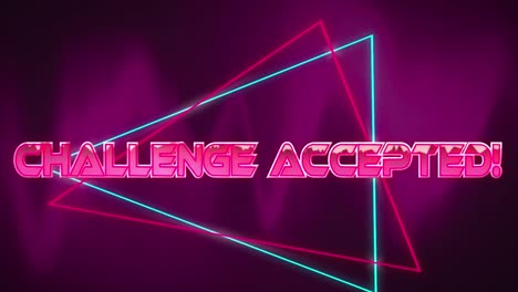Animation-of-illuminated-challenge-accepted-text-and-triangular-shapes-on-purple-background