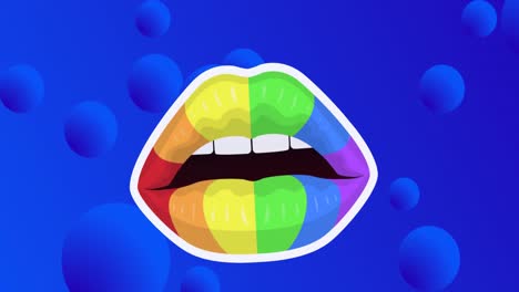 Animation-of-lgbtq-rainbow-lips-over-pattern-on-blue-background