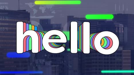 Animation-of-hello-text-banner,-gradient-shapes-and-data-processing-against-tall-buildings