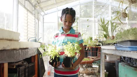 Portrait-of-happy-african-american-boy-holding-plants-in-greenhouse,-slow-motion
