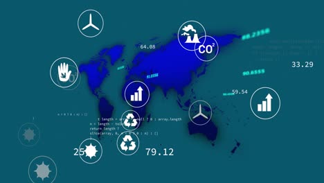 Animation-of-eco-icons-and-data-processing-and-world-map-over-blue-background