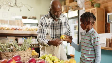 Glücklicher-älterer-Afroamerikanischer-Großvater-Und-Enkel-Beim-Einkaufen-Im-Bioladen,-Zeitlupe