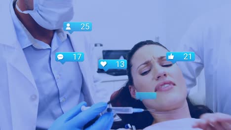 Animation-of-social-media-data-over-caucasian-woman-scared-of-injections-at-dentist