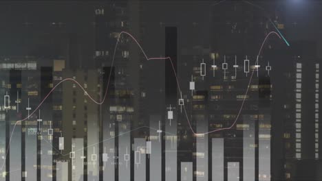 Animation-of-statistical-data-processing-against-view-of-tall-buildings-at-night