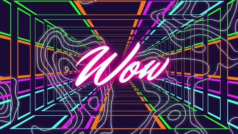 Animation-of-wow-text-over-neon-light-pattern-background