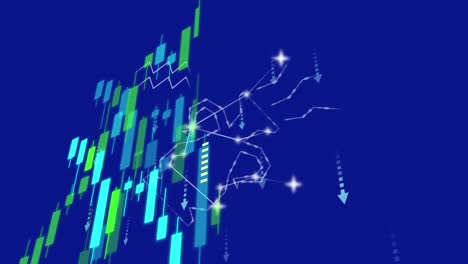 Animation-of-financial-data-processing-and-arrows-over-blue-background