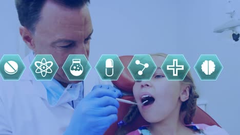 Animation-of-network-of-medical-icons-over-caucasian-male-dentist-and-girl-patient