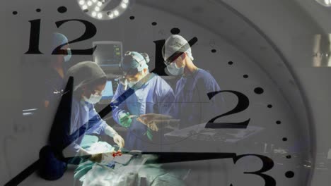 Animation-of-clock-ticking-over-diverse-surgeons-in-operating-theatre