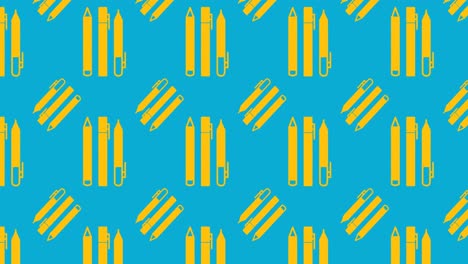 Animation-of-yellow-pens-and-pencils-pattern-over-blue-background