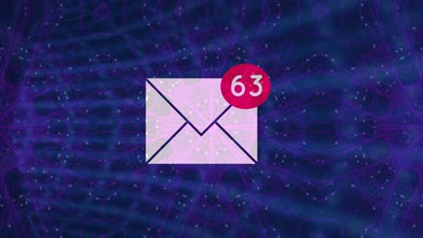 Animation-of-envelope-email-icon-with-numbers-over-purple-tunnel-of-connections