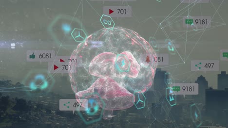 Animation-of-social-media-icons-over-spinning-human-brain-icon-against-aerial-view-of-cityscape