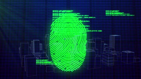 Animation-Des-Biometrischen-Fingerabdrucks-Und-Der-Datenverarbeitung-Auf-Blauem-Hintergrund