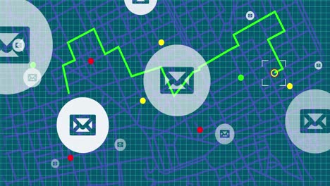 Animation-of-email-icons,-green-location-line-and-data-processing-over-blue-background