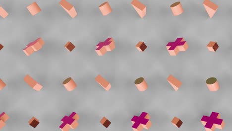 Animation-of-rows-of-abstract-shapes-pattern-moving-over-grey-background