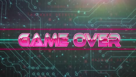 Animation-of-game-over-text-over-neon-lines-and-computer-circuit-board
