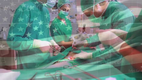 Animation-of-flag-of-usa-over-diverse-surgeons-in-operating-theatre