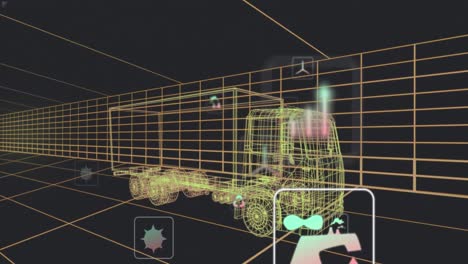 Animation-Mehrerer-Digitaler-Symbole-über-Einem-3D-Lkw-Modell,-Das-Sich-In-Einem-Nahtlosen-Muster-Im-Tunnel-Bewegt