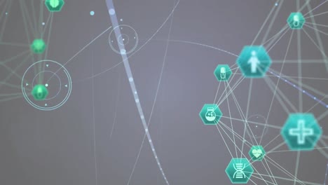 Animation-of-data-and-network-of-connections-with-medical-icons-over-dark-background