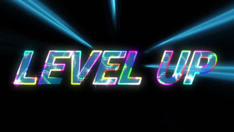 Animation-of-level-up-text-over-neon-light-trails-on-black-background