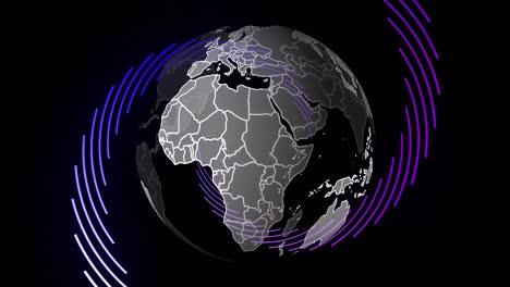 Animation-of-globe-with-purple-light-trail-connections-on-black-background