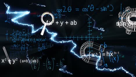 Animation-Von-Symbolen-über-Mathematischen-Gleichungen-Und-Blitzen-Auf-Schwarzem-Hintergrund