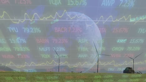 Animation-of-financial-data-processing-over-globe-and-wind-turbines