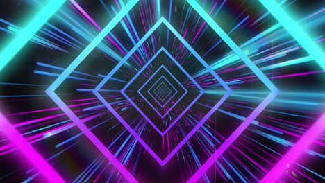 Animation-of-blue-neon-light-trails-and-squares-over-black-background