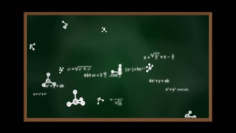 Animation-Von-Molekülen-Und-Mathematischen-Gleichungen-über-Bord-Auf-Schwarzem-Hintergrund